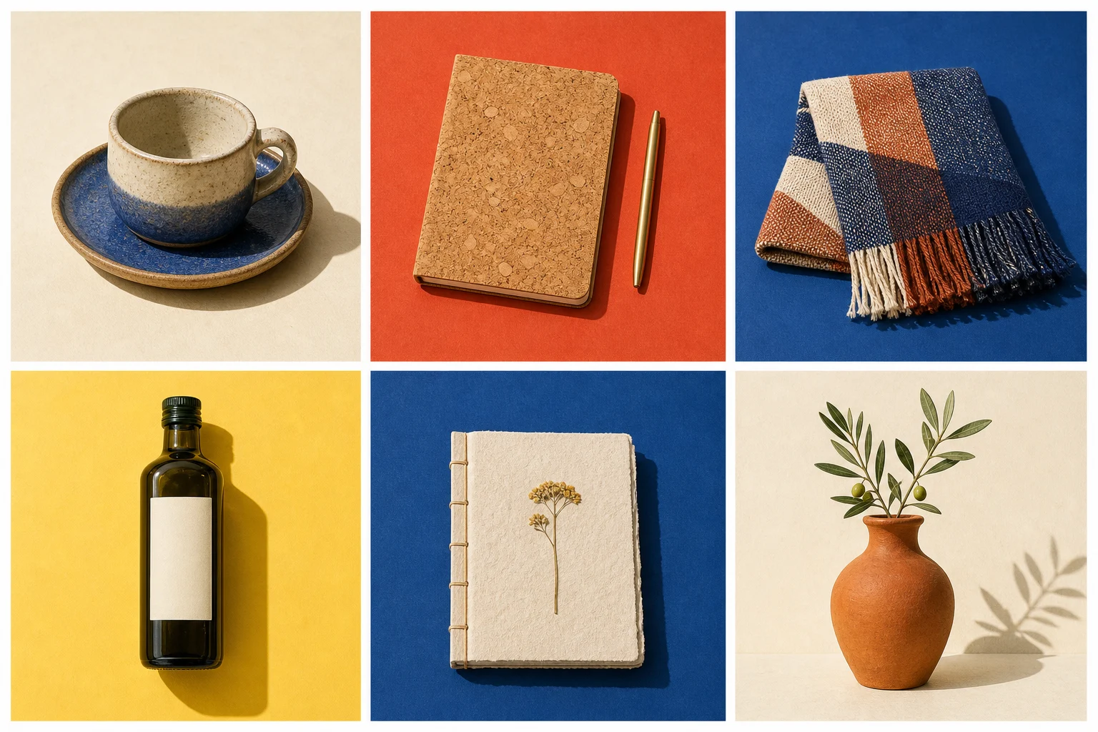 Cerâmica, caderno de cortiça, manta, azeite, livro artesanal e jarro escolhidos como ideias de presentes portugueses